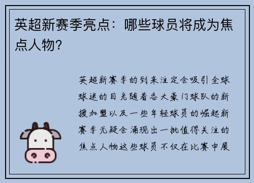 英超新赛季亮点：哪些球员将成为焦点人物？